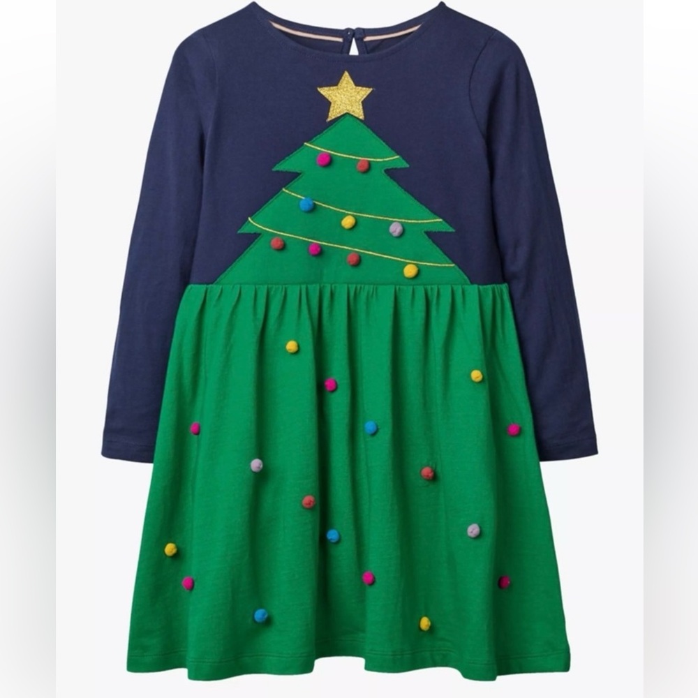 Mini Boden Christmas Tree Pom Pom Appliqué Dress Sz 5-6
